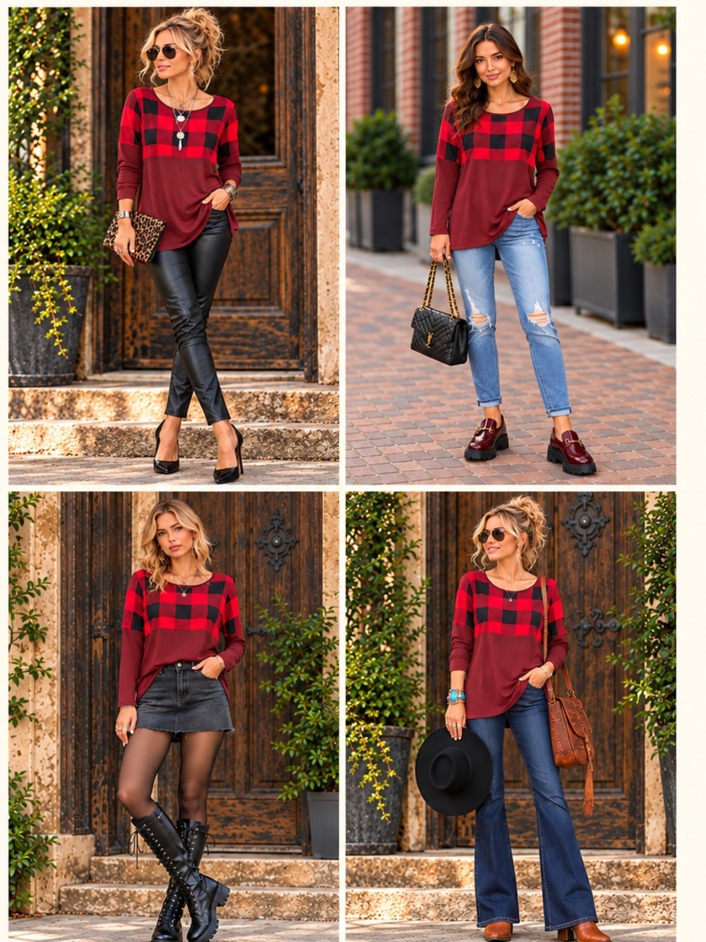 Zenana Outfitters Red Buffalo Plaid Yoke Long-Sleeve Top